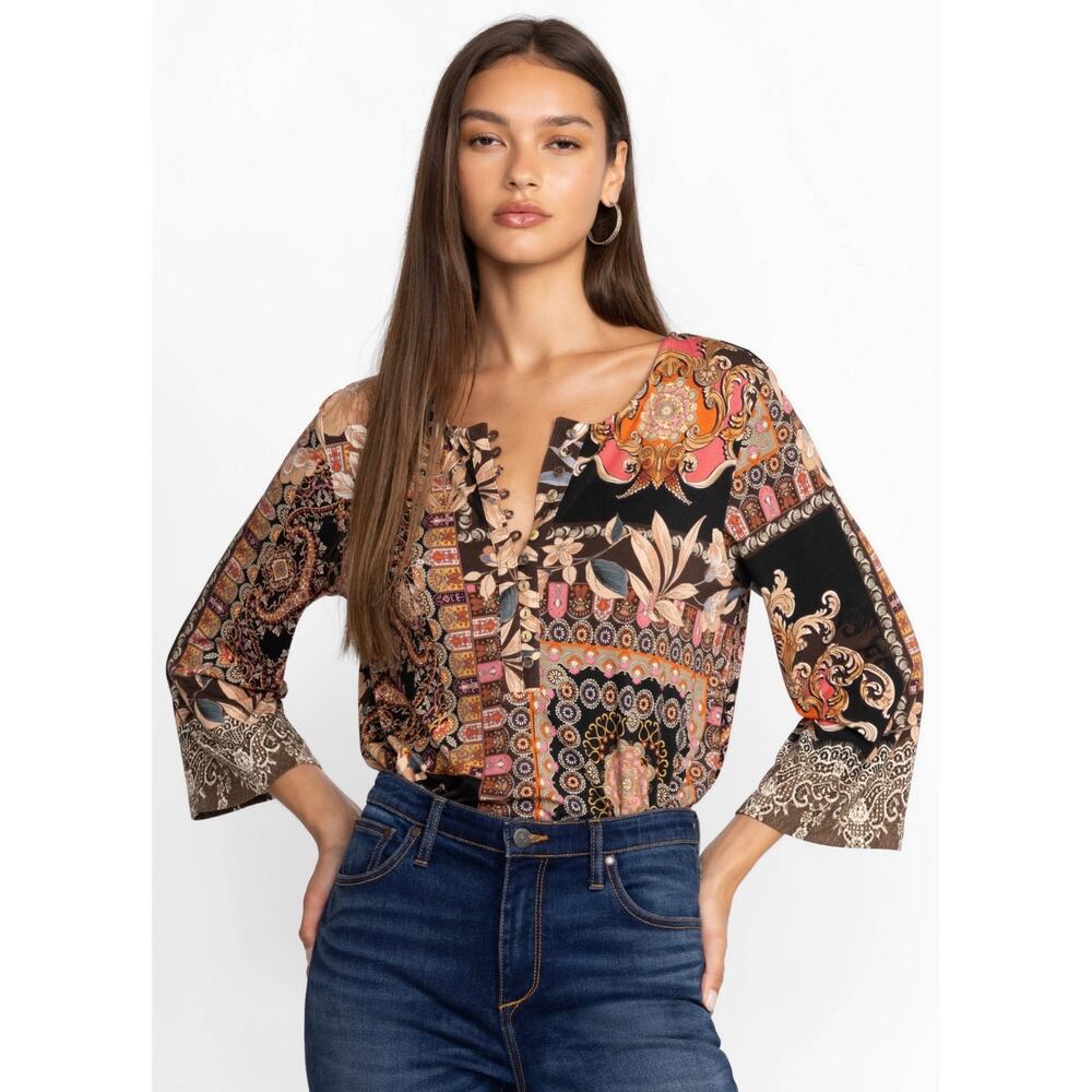 Johnny Was The Janie Favorite Button Down Henley Blouse Brown Floral XS